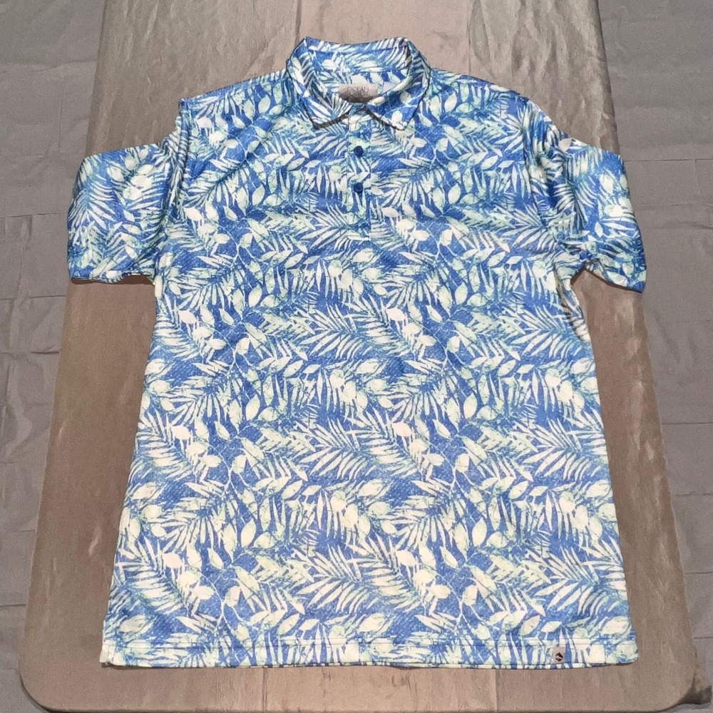 Ocean Coast Mens Performance / Fishing Polo Shirt Blue Palm UPF 30 Medium NEW